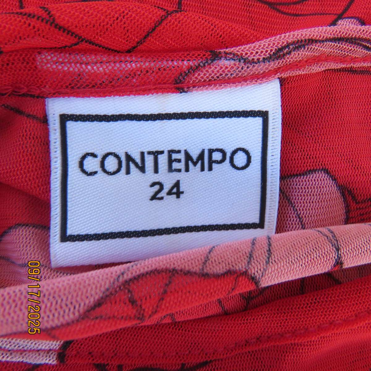 CONTEMPO sheer stretch polyester long sleeve red with bold floral print top size 46