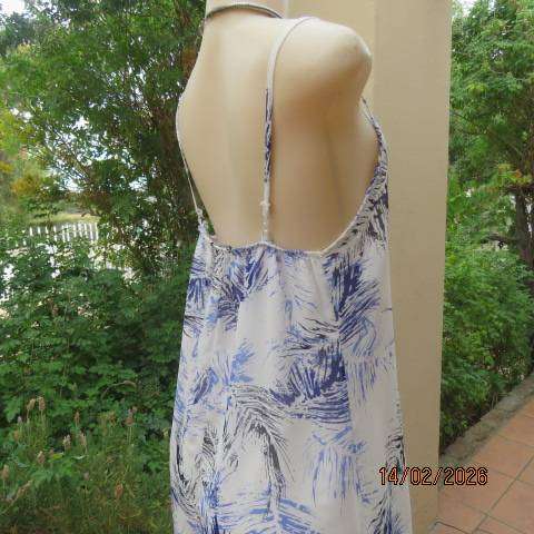 CINDALINA white poly-nylon sheer long lined dress with navy-blue print. Shoulder straps. Size 38
