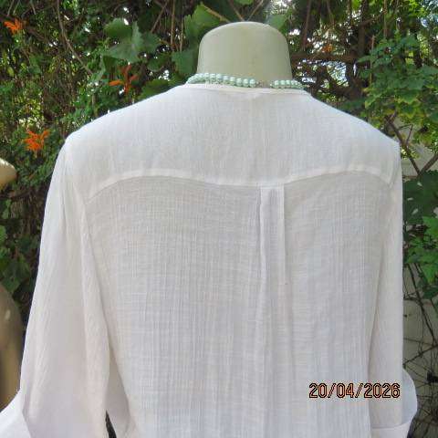 OR white crinkled poly-viscose top with unique crossover front and elbow sleeves, size 36