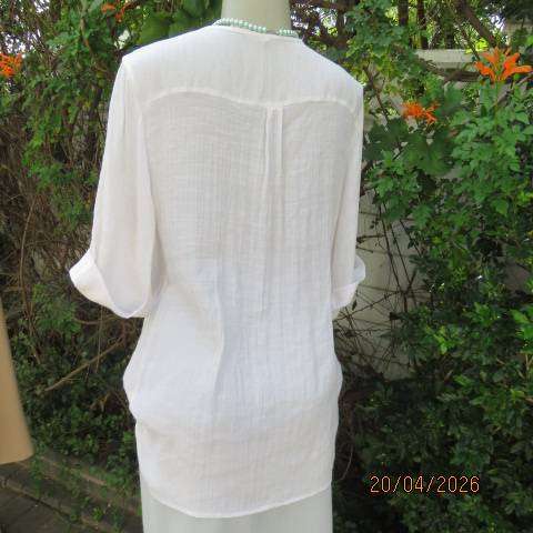 OR white crinkled poly-viscose top with unique crossover front and elbow sleeves, size 36