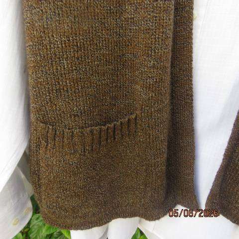 Men's medium brown acrylic knitted sleeveless open waistcoat with 2 front pockets