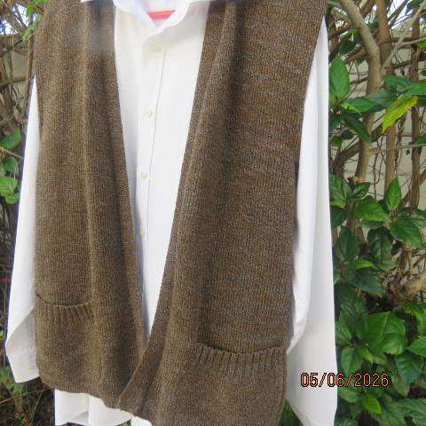 Men's medium brown acrylic knitted sleeveless open waistcoat with 2 front pockets