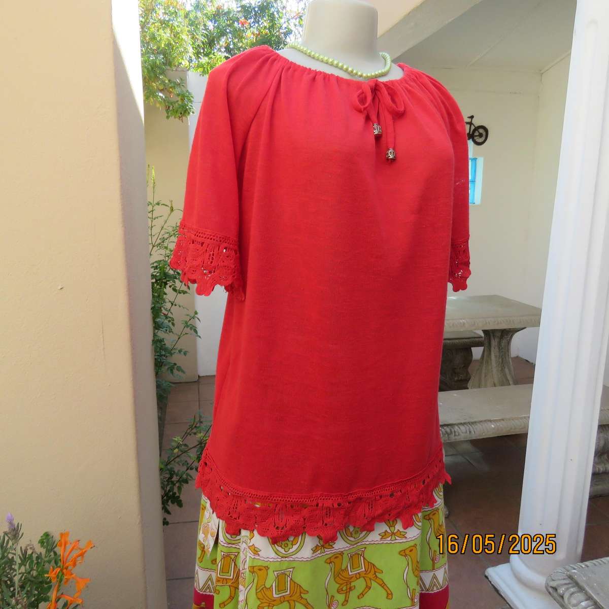 COMENG cherry red woven polyester slip over size 40 top. Short raglan sleeves.