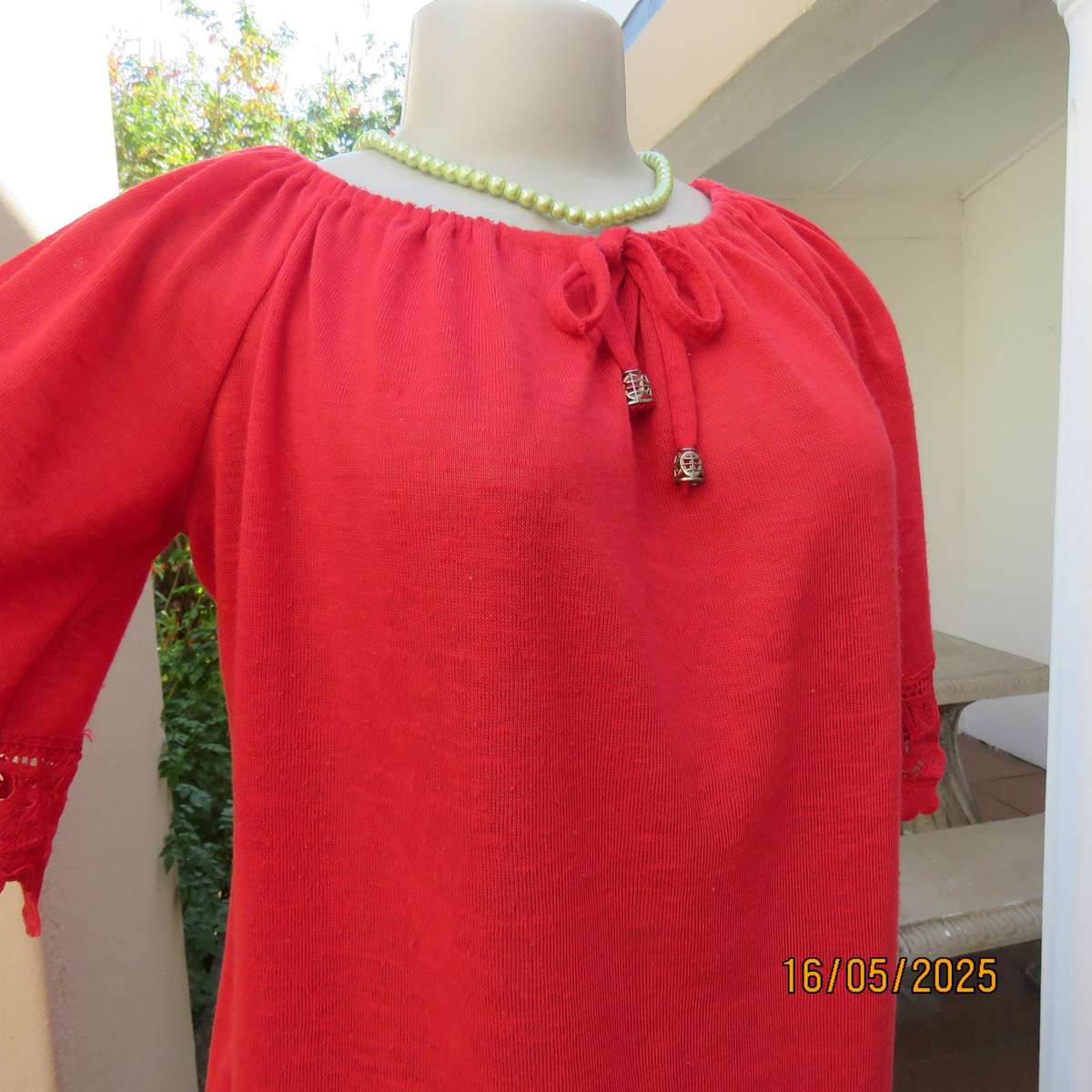 COMENG cherry red woven polyester slip over size 40 top. Short raglan sleeves.
