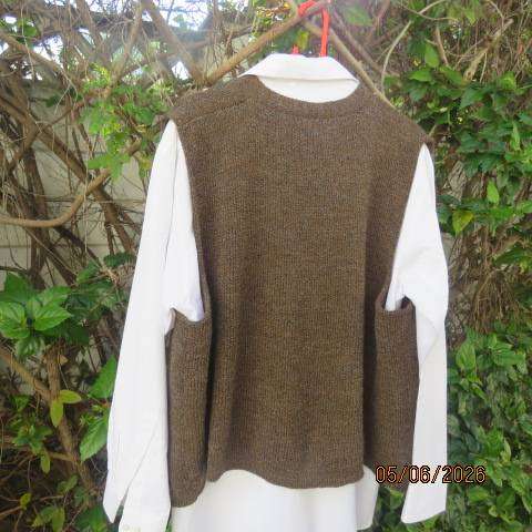 Men's medium brown acrylic knitted sleeveless open waistcoat with 2 front pockets