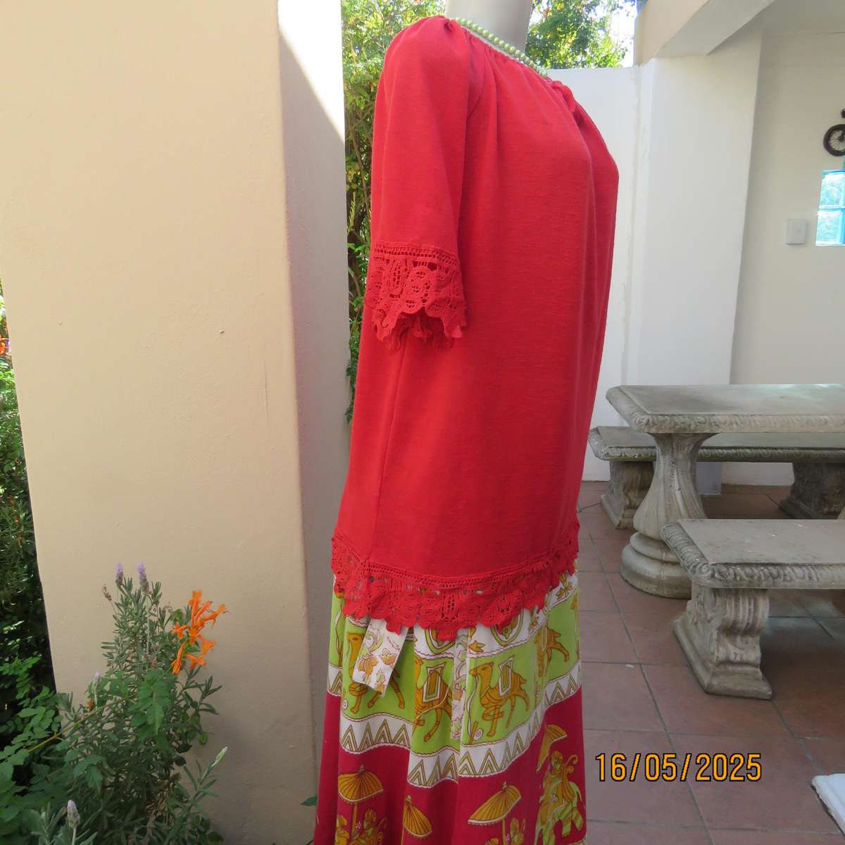 COMENG cherry red woven polyester slip over size 40 top. Short raglan sleeves.