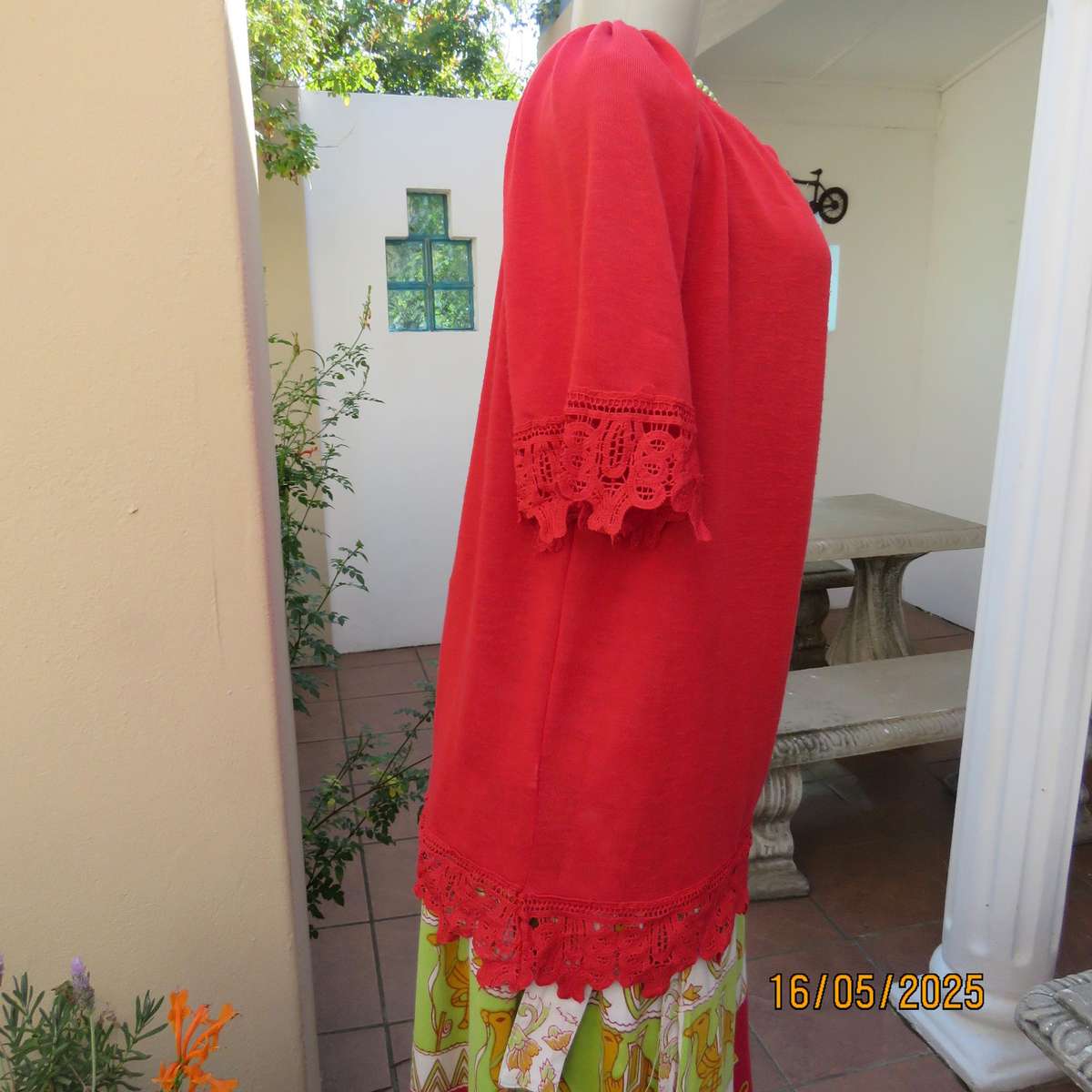 COMENG cherry red woven polyester slip over size 40 top. Short raglan sleeves.
