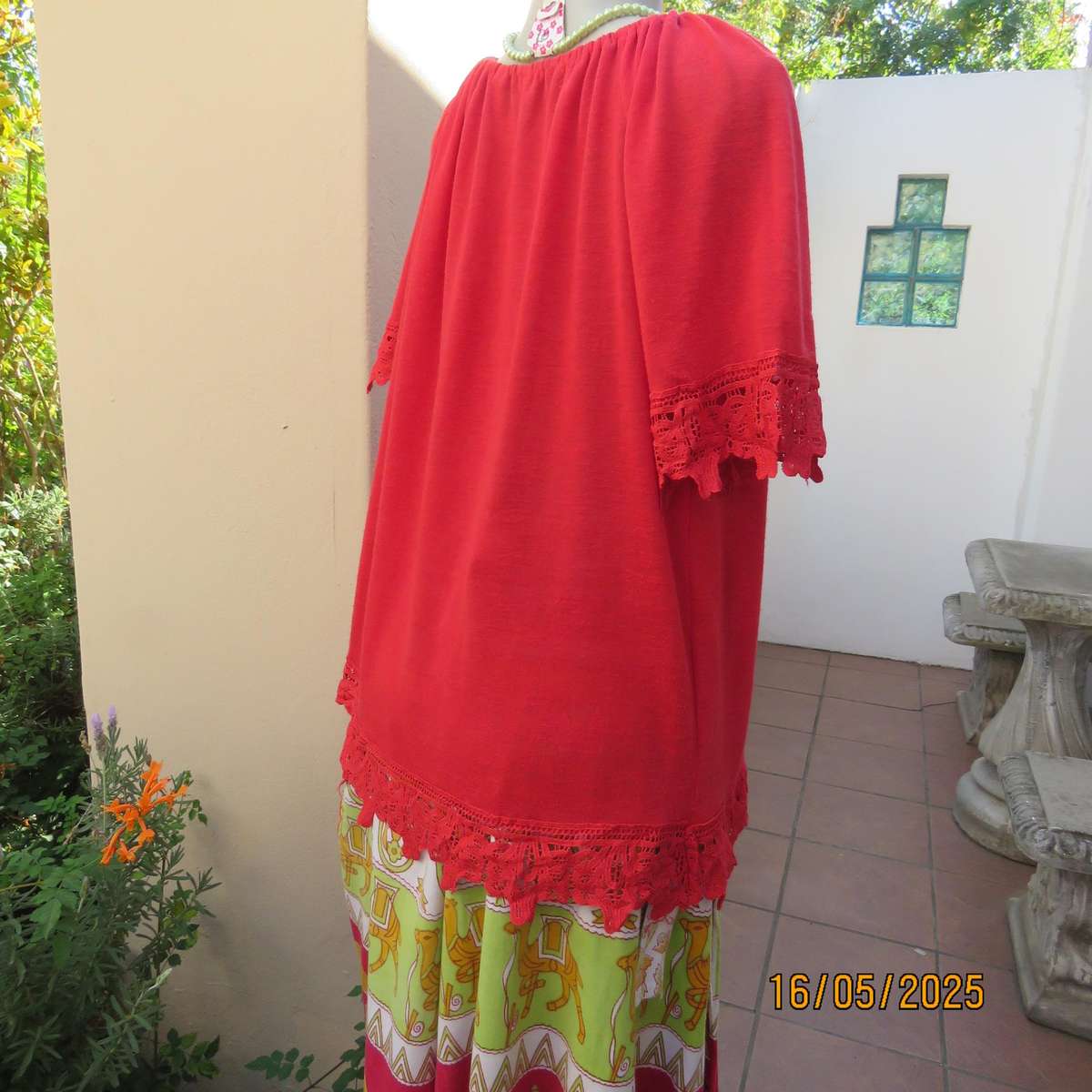 COMENG cherry red woven polyester slip over size 40 top. Short raglan sleeves.