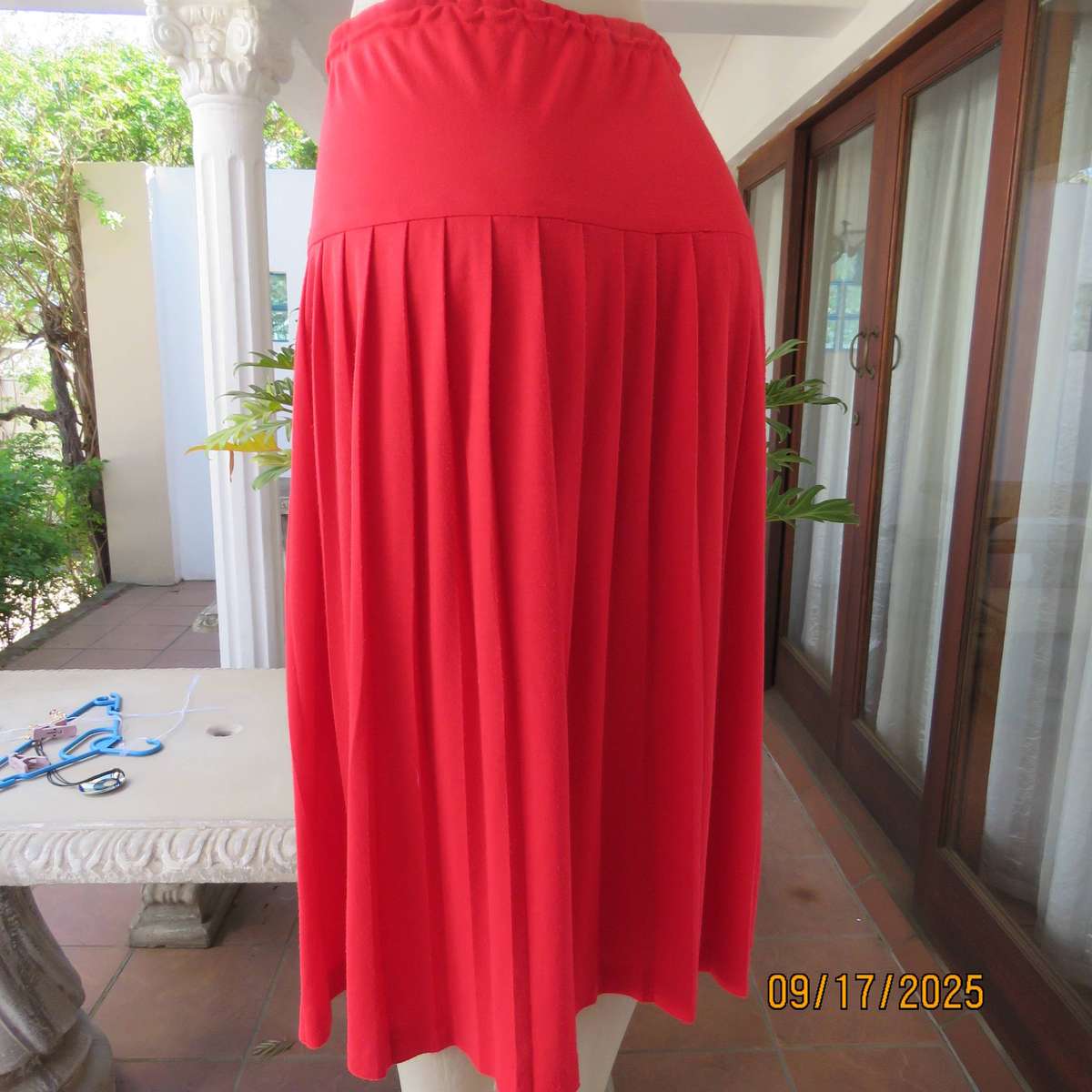 Rose red stretch cotton knife pleated skirt with yoked elasticated waist. Size 40