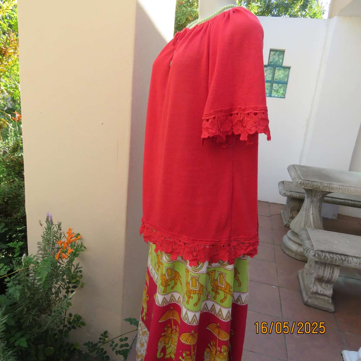 COMENG cherry red woven polyester slip over size 40 top. Short raglan sleeves.