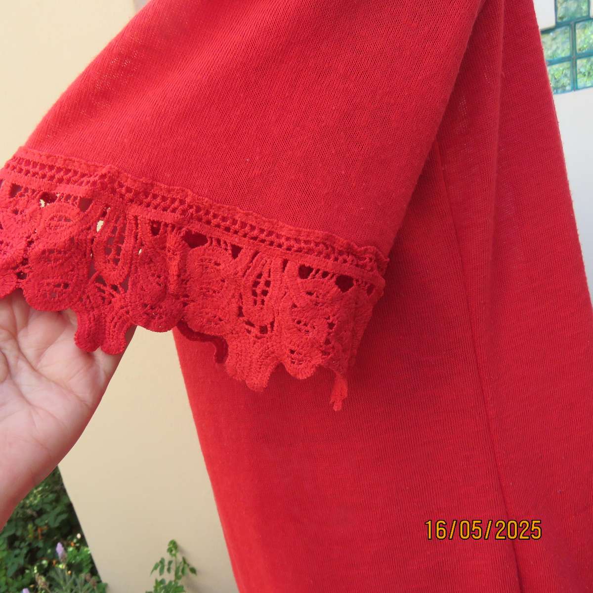 COMENG cherry red woven polyester slip over size 40 top. Short raglan sleeves.