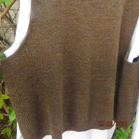 Men's medium brown acrylic knitted sleeveless open waistcoat with 2 front pockets