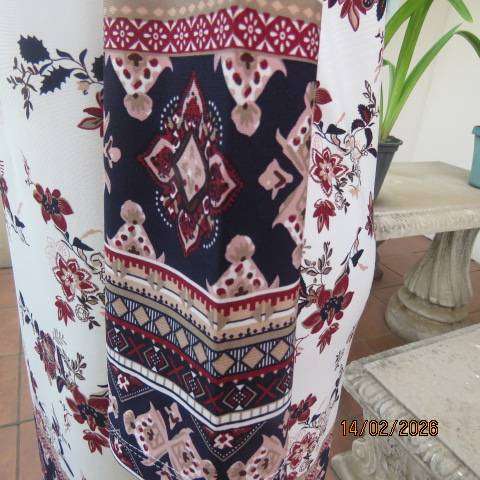 REAL Woman light cream with maroon-pink-peach stretch polyester long sleeve dress size 34
