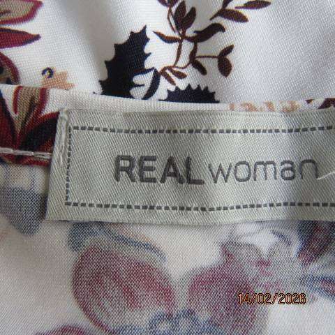 REAL Woman light cream with maroon-pink-peach stretch polyester long sleeve dress size 34