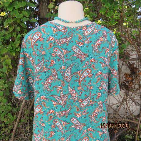 MILADY'S jade short sleeve dress with rust-white paisley print, V-neck, 3-button opening, size 40