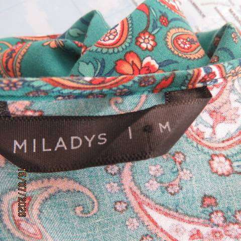 MILADY'S jade short sleeve dress with rust-white paisley print, V-neck, 3-button opening, size 40