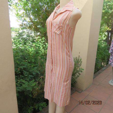 STATURE button down-open collar crinkled polyester pink-peach-cream striped dress Size 30-32