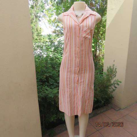 STATURE button down-open collar crinkled polyester pink-peach-cream striped dress Size 30-32