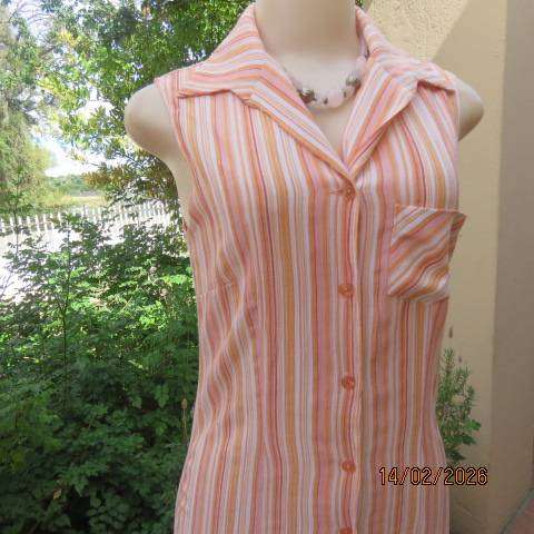 STATURE button down-open collar crinkled polyester pink-peach-cream striped dress Size 30-32