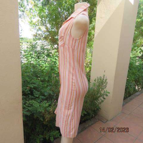 STATURE button down-open collar crinkled polyester pink-peach-cream striped dress Size 30-32