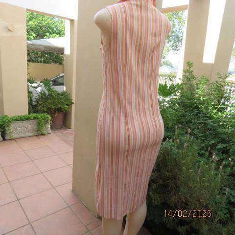 STATURE button down-open collar crinkled polyester pink-peach-cream striped dress Size 30-32