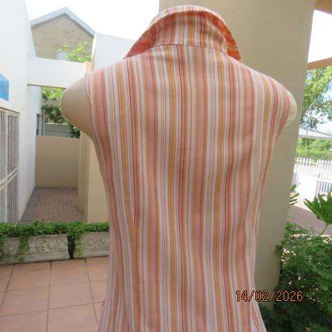 STATURE button down-open collar crinkled polyester pink-peach-cream striped dress Size 30-32