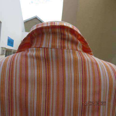 STATURE button down-open collar crinkled polyester pink-peach-cream striped dress Size 30-32