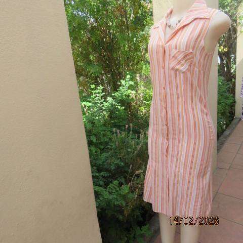 STATURE button down-open collar crinkled polyester pink-peach-cream striped dress Size 30-32