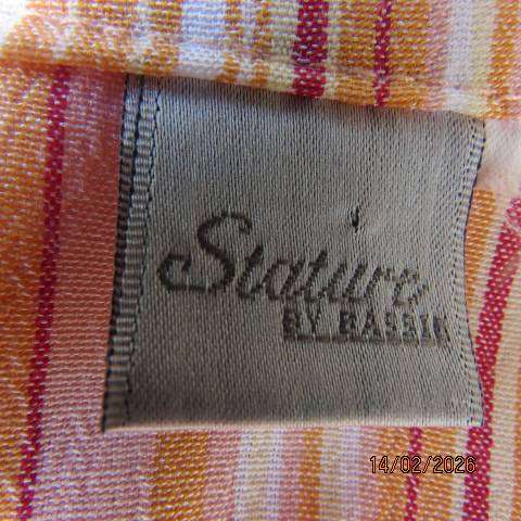 STATURE button down-open collar crinkled polyester pink-peach-cream striped dress Size 30-32