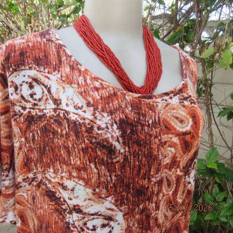 Paisley patterned rust and white with aqua accents long slip over stretch viscose top size 42-44