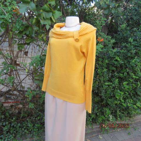 Golden yellow polyester knit long sleeve sweater with wide collar, size 36