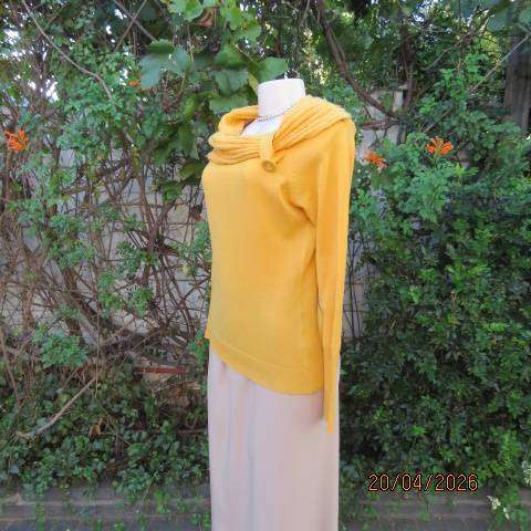 Golden yellow polyester knit long sleeve sweater with wide collar, size 36