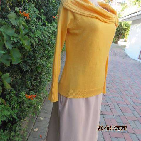 Golden yellow polyester knit long sleeve sweater with wide collar, size 36