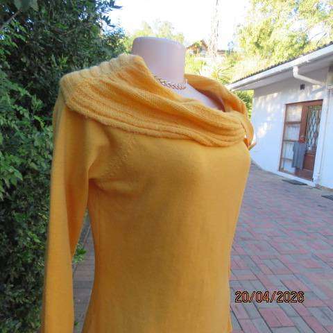 Golden yellow polyester knit long sleeve sweater with wide collar, size 36