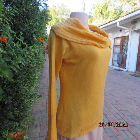 Golden yellow polyester knit long sleeve sweater with wide collar, size 36