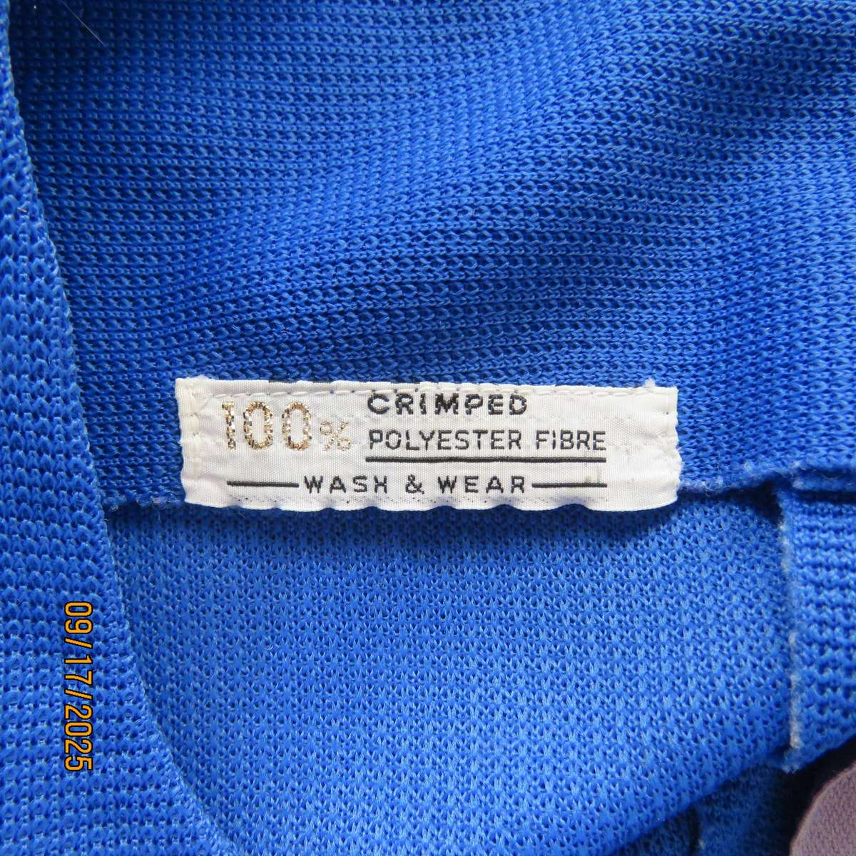 Royal blue vintage crimped polyester dress with long zip. Elbow sleeves. Size 44