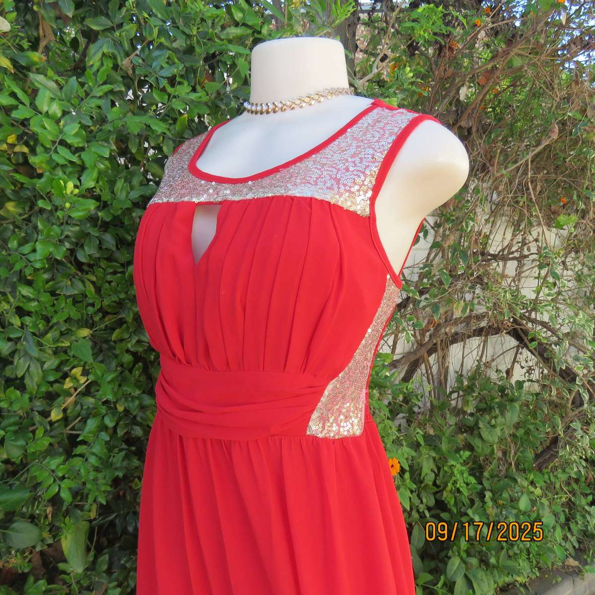 Cherry red long evening fully lined evening dress. Gold sequin inlays. Size 36