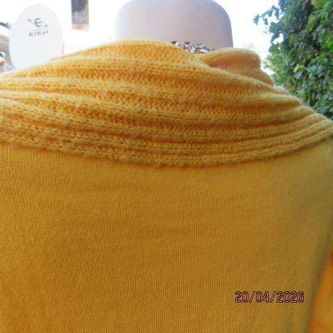 Golden yellow polyester knit long sleeve sweater with wide collar, size 36