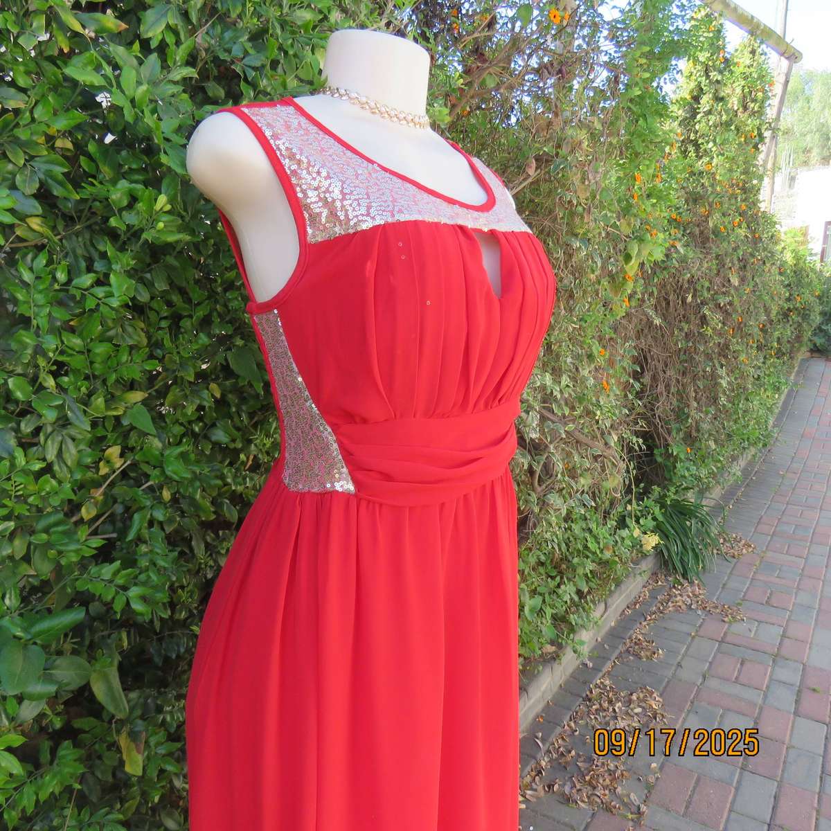 Cherry red long evening fully lined evening dress. Gold sequin inlays. Size 36