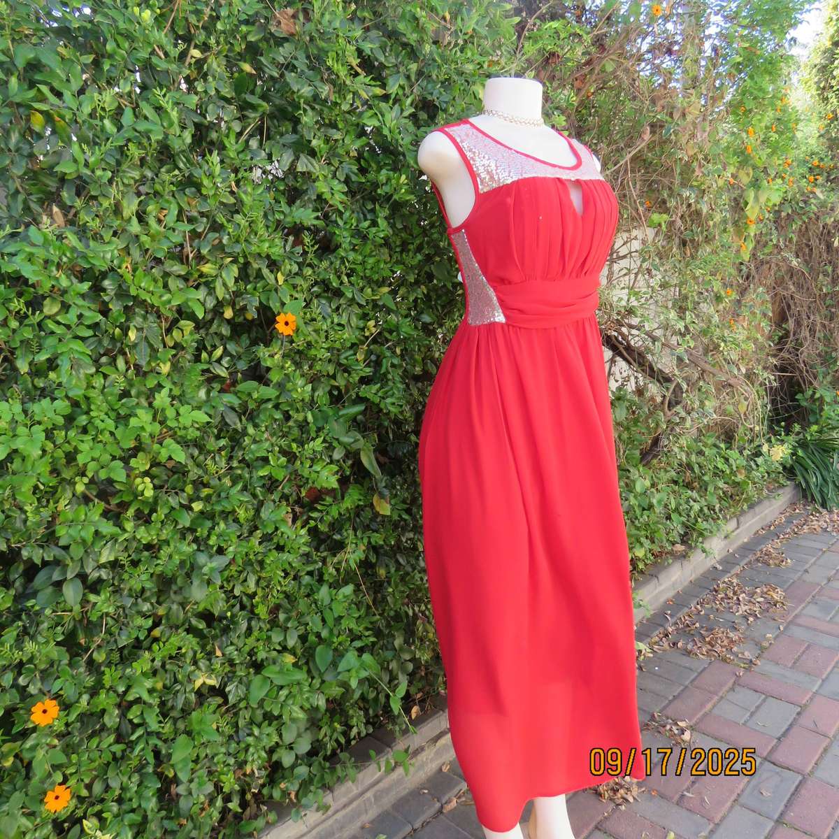 Cherry red long evening fully lined evening dress. Gold sequin inlays. Size 36
