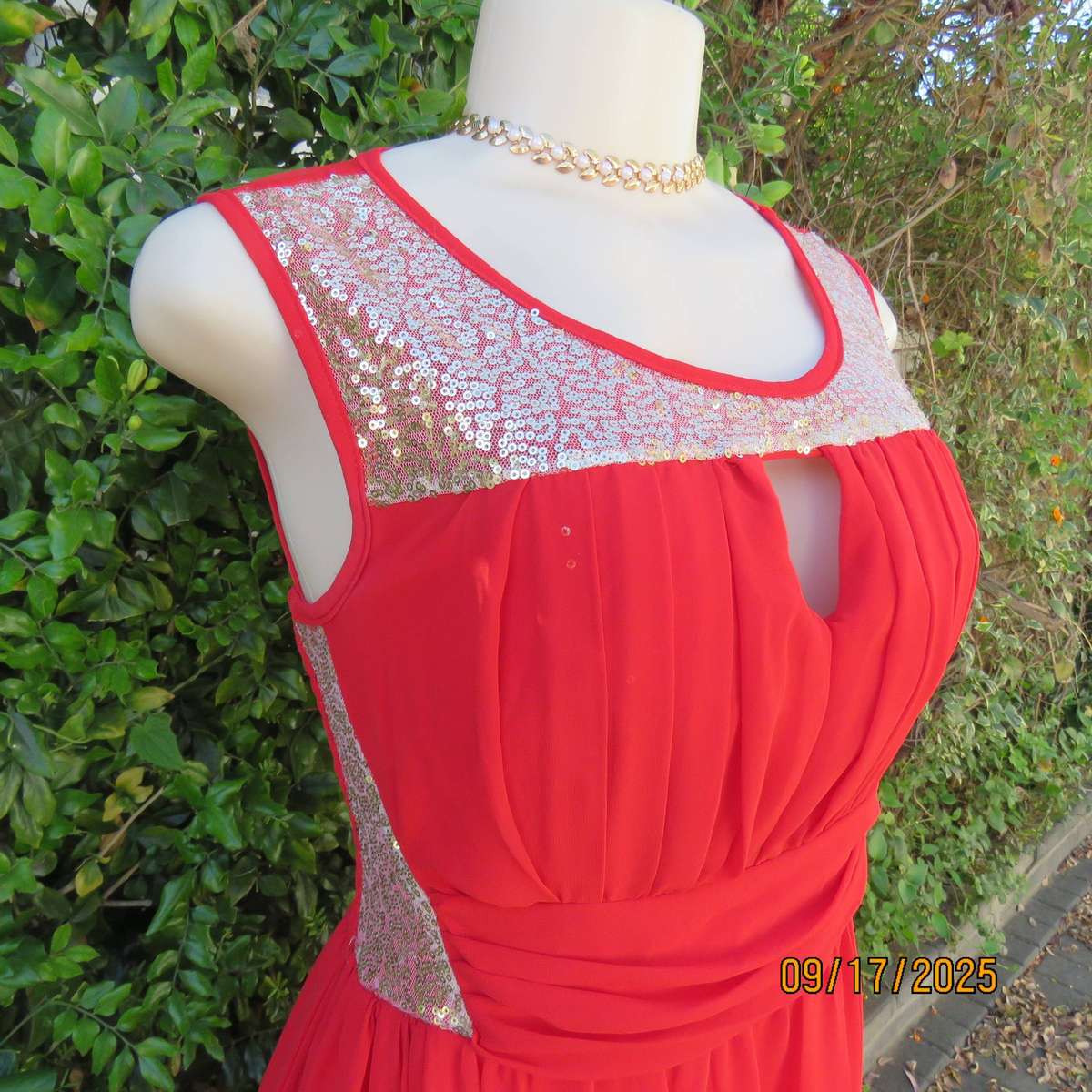 Cherry red long evening fully lined evening dress. Gold sequin inlays. Size 36