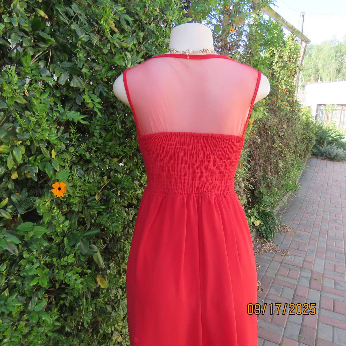 Cherry red long evening fully lined evening dress. Gold sequin inlays. Size 36