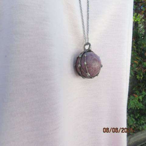 Lepidolite sphere hormone harmony pendant with calming effect in pewter cage and chain