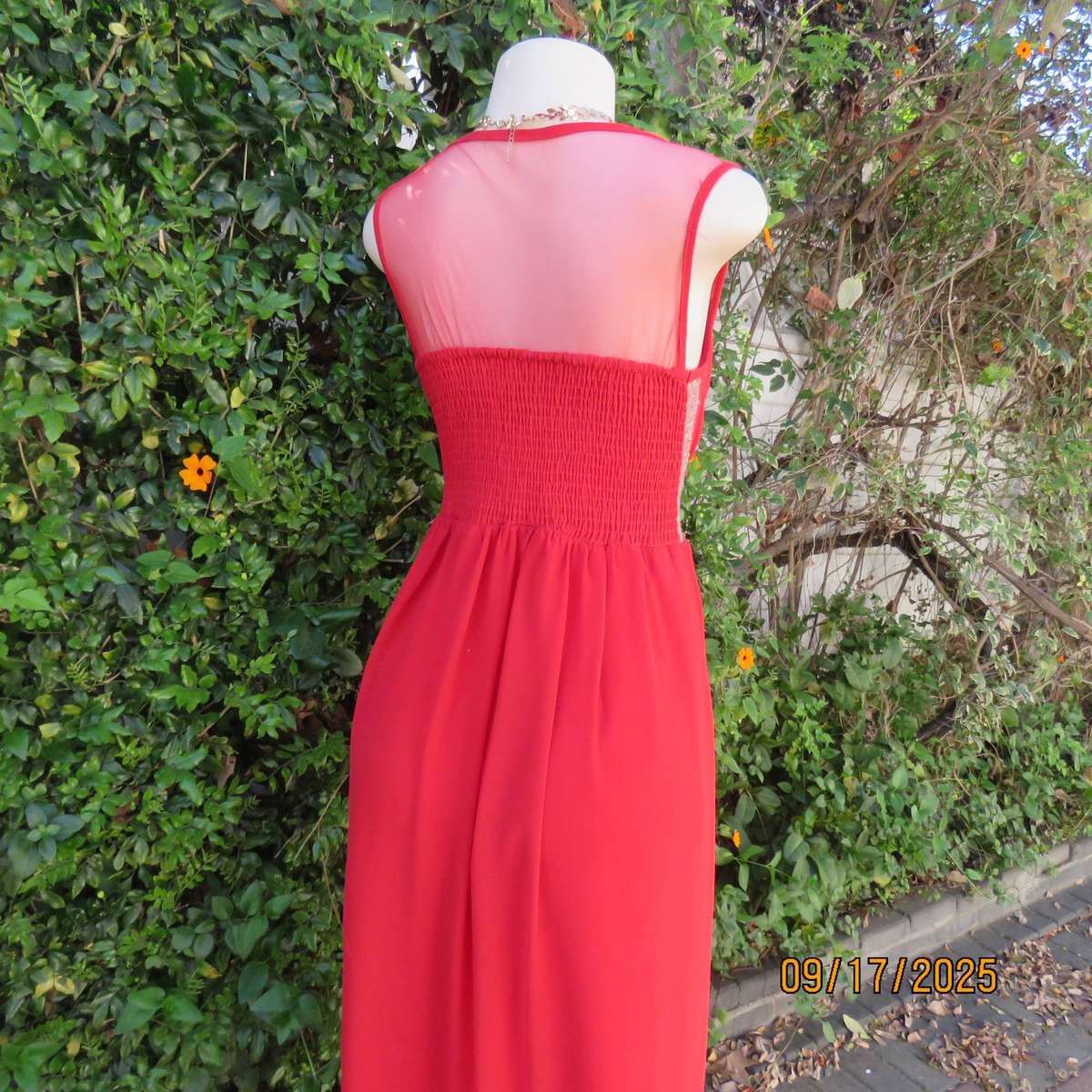 Cherry red long evening fully lined evening dress. Gold sequin inlays. Size 36