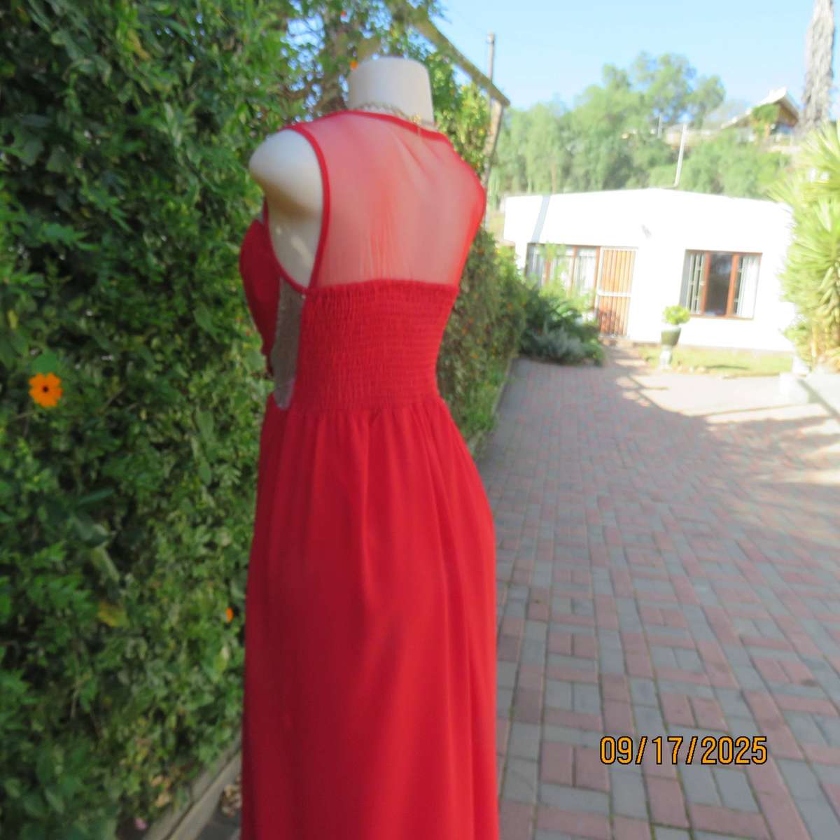 Cherry red long evening fully lined evening dress. Gold sequin inlays. Size 36