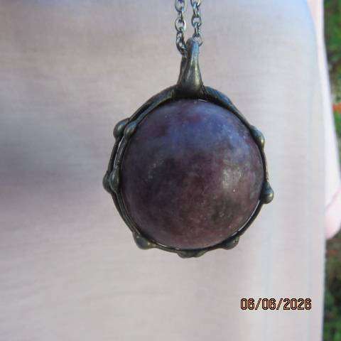 Lepidolite sphere hormone harmony pendant with calming effect in pewter cage and chain