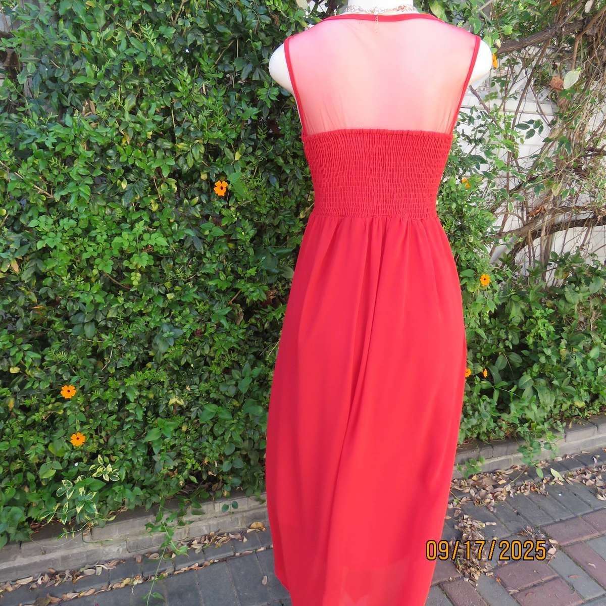 Cherry red long evening fully lined evening dress. Gold sequin inlays. Size 36