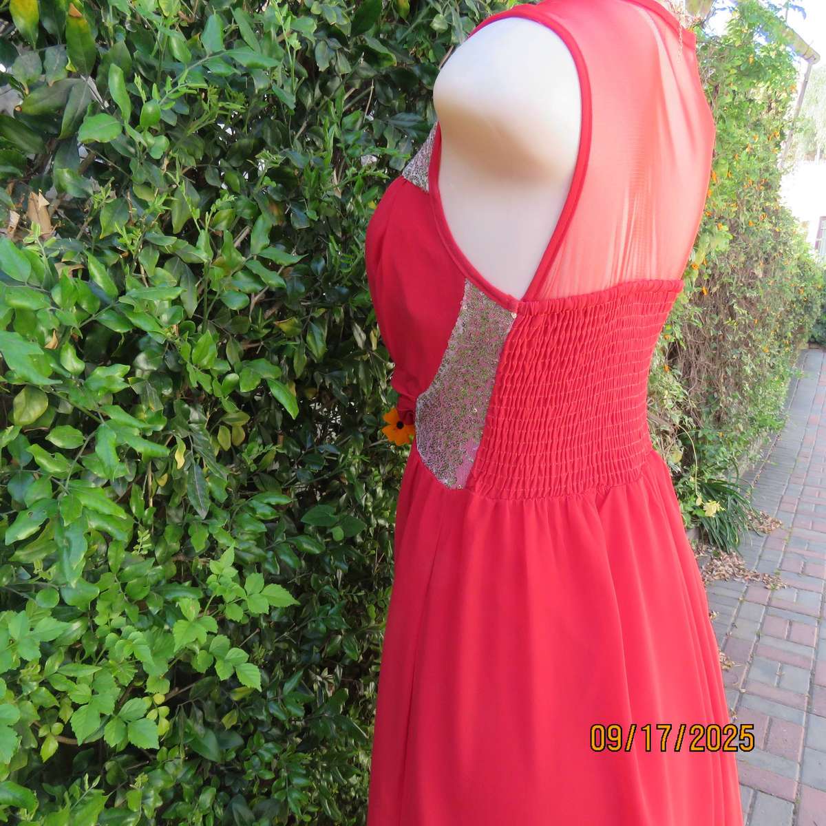 Cherry red long evening fully lined evening dress. Gold sequin inlays. Size 36