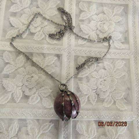 Lepidolite sphere hormone harmony pendant with calming effect in pewter cage and chain
