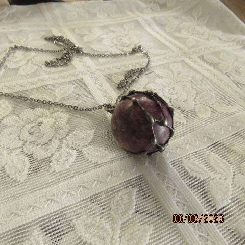 Lepidolite sphere hormone harmony pendant with calming effect in pewter cage and chain